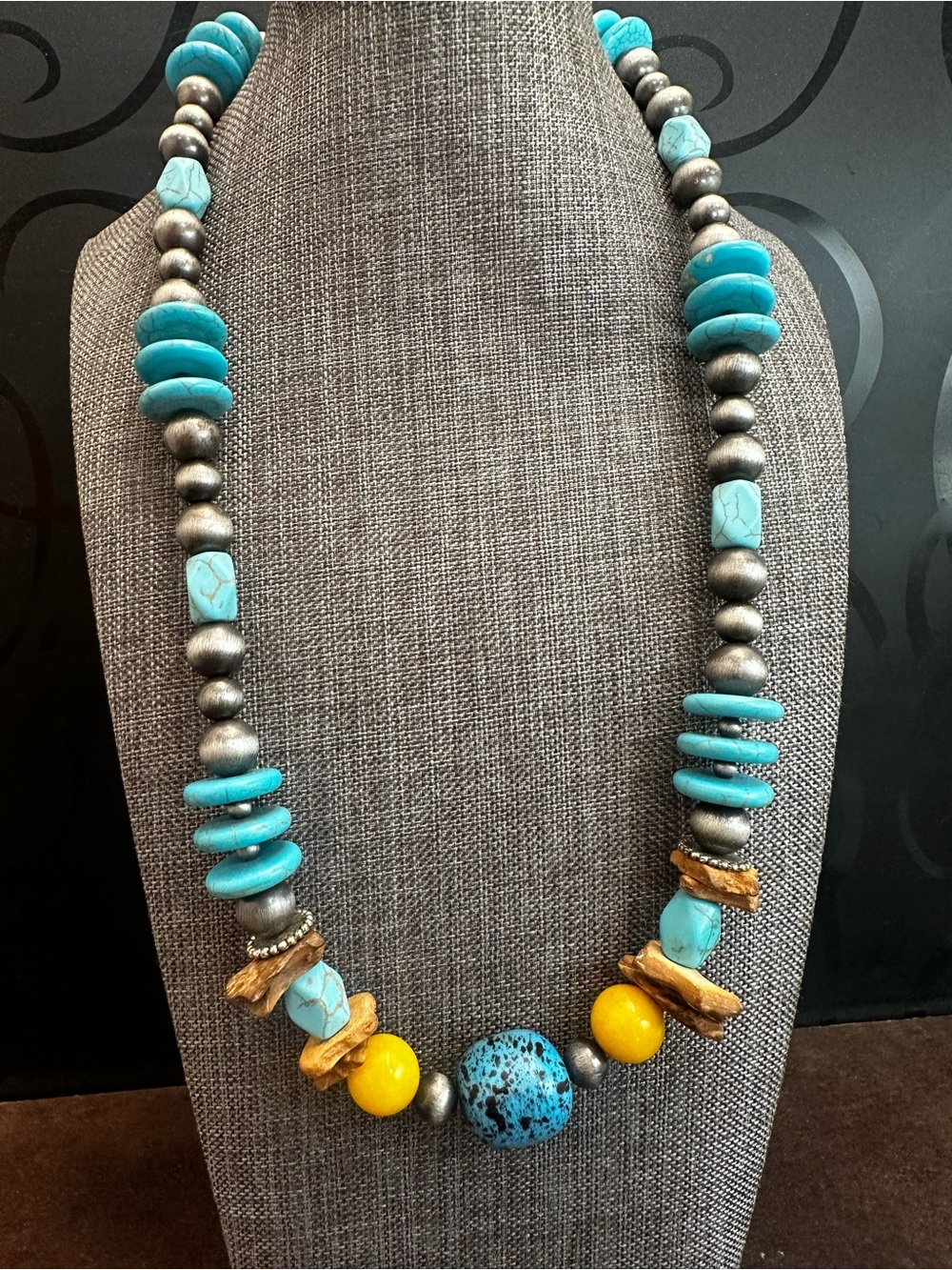 Turquoise and Yellow Statement Beaded Necklace